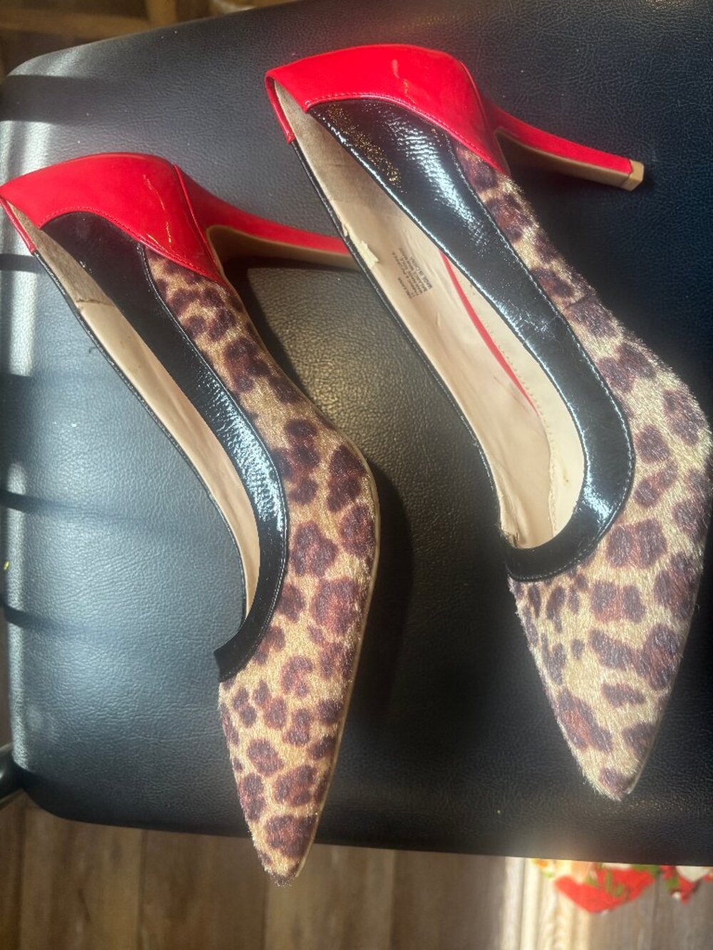 Rampage Leopard Print Faux Fur Red Patent Heels Pointed Toe Pumps - Size 11